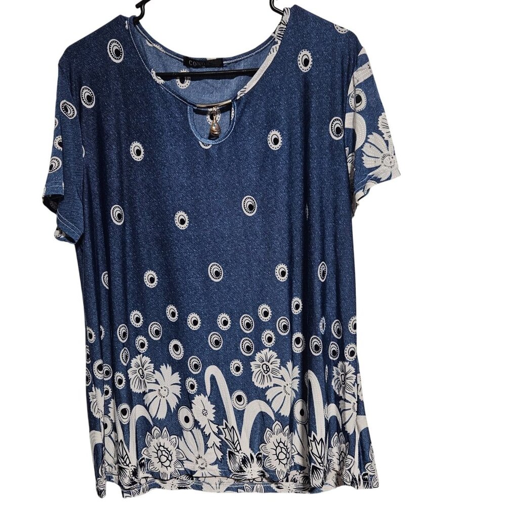 Conos Floral Top Womens Plus Size 2XL 3XL Blue Blouse Metal Detail Short Sleeve